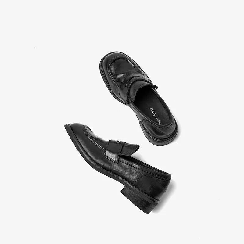 BeauToday Round Toe Slip On Horse Leather Loafers for Women