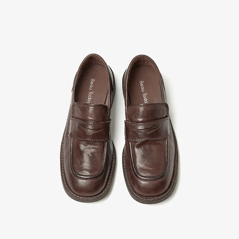 BeauToday Round Toe Slip On Horse Leather Loafers for Women