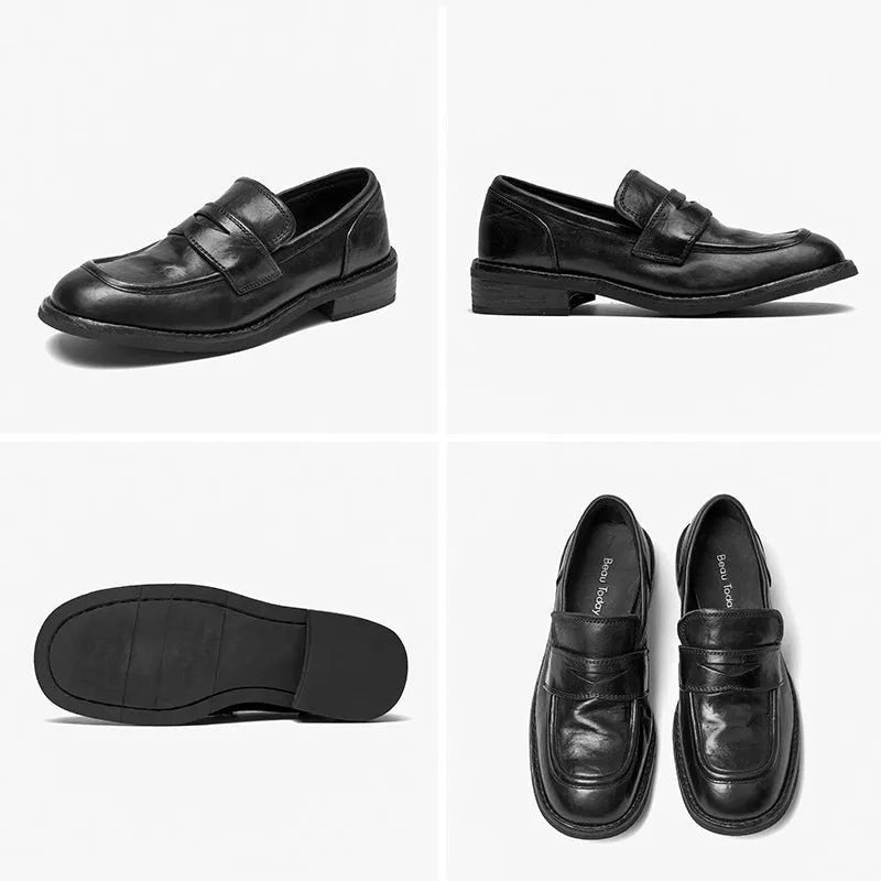 BeauToday Round Toe Slip On Horse Leather Loafers for Women