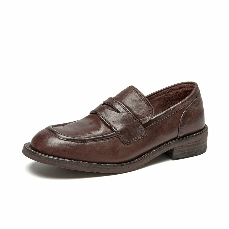 BeauToday Round Toe Slip On Horse Leather Loafers for Women