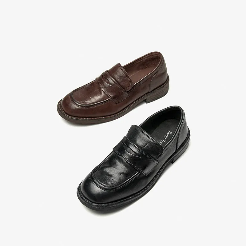BeauToday Round Toe Slip On Horse Leather Loafers for Women