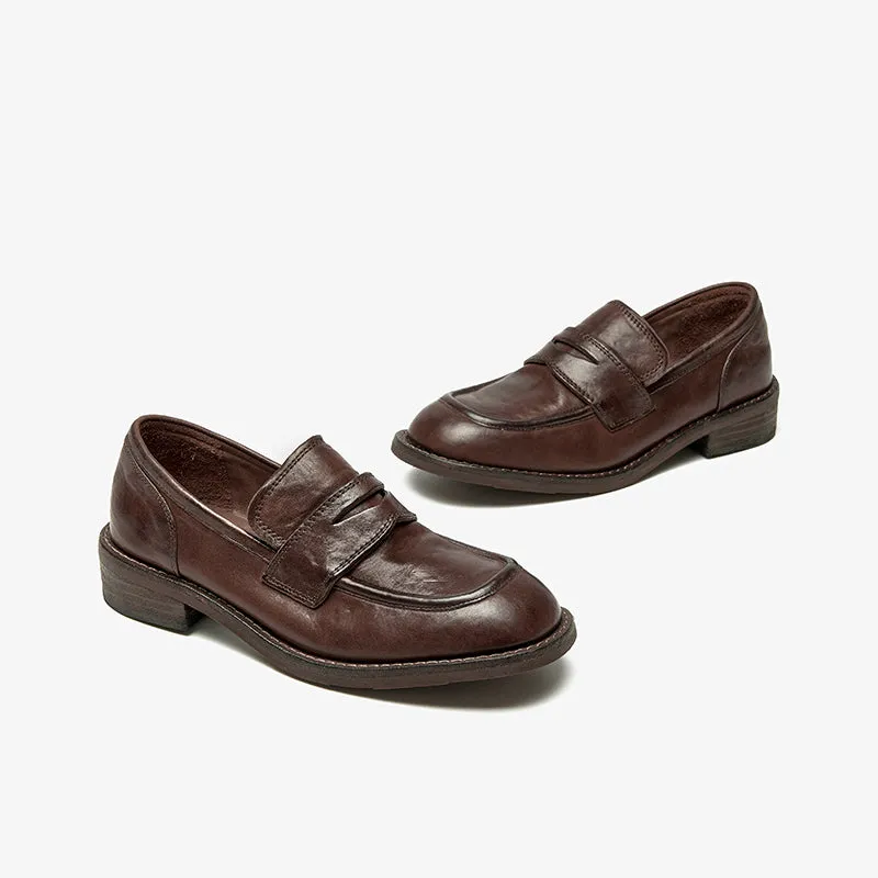 BeauToday Round Toe Slip On Horse Leather Loafers for Women