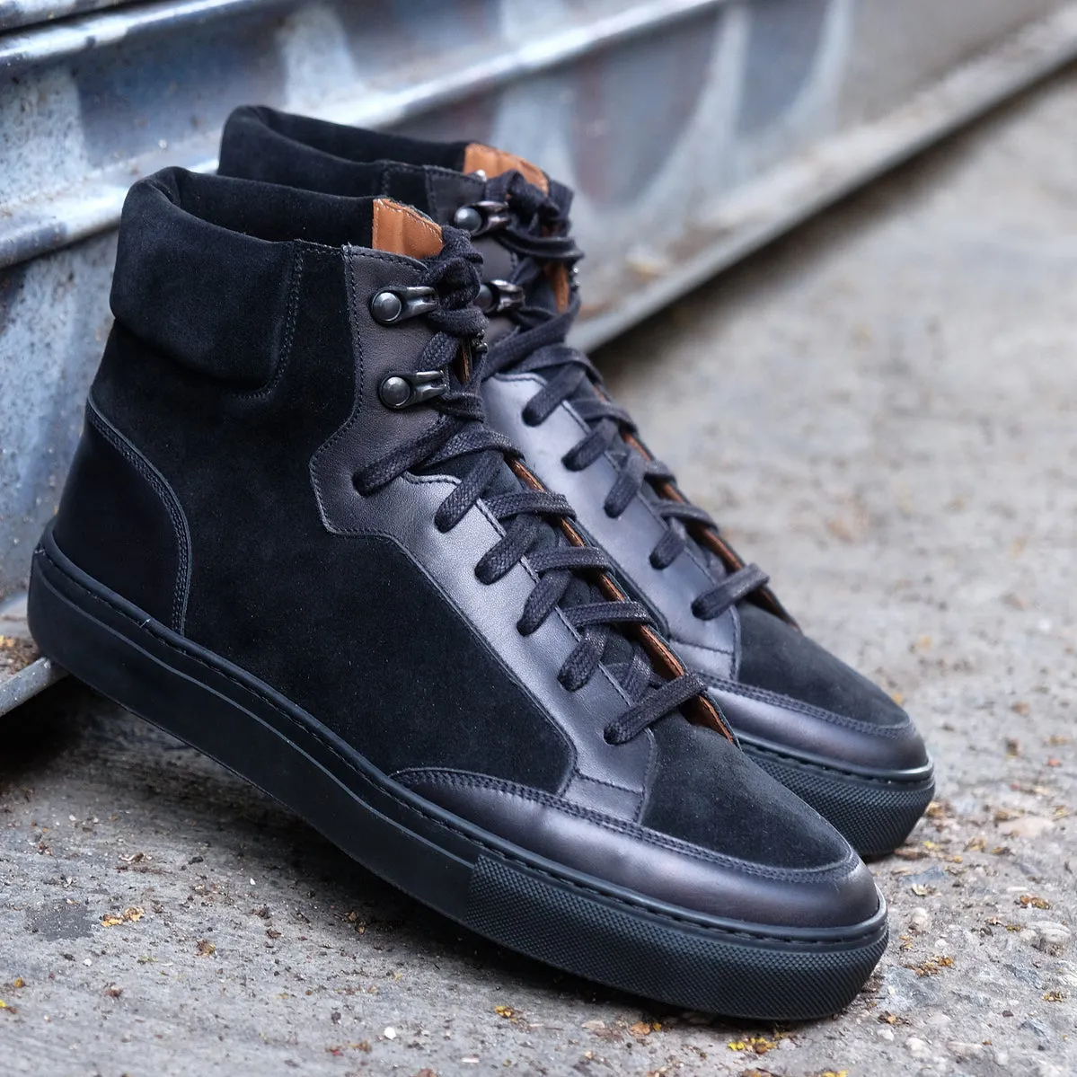 Black Leather Foxton Lace Up High Top Sneakers - AW22