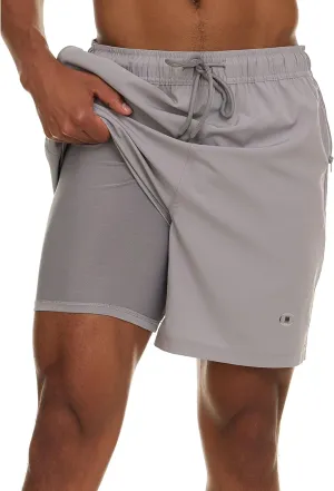 Champion Mens Swim Trunks with Compression Liner, 2 in 1 Mens Bathing Suit Shorts, 7 Inch Inseam Board Shorts for Swimming