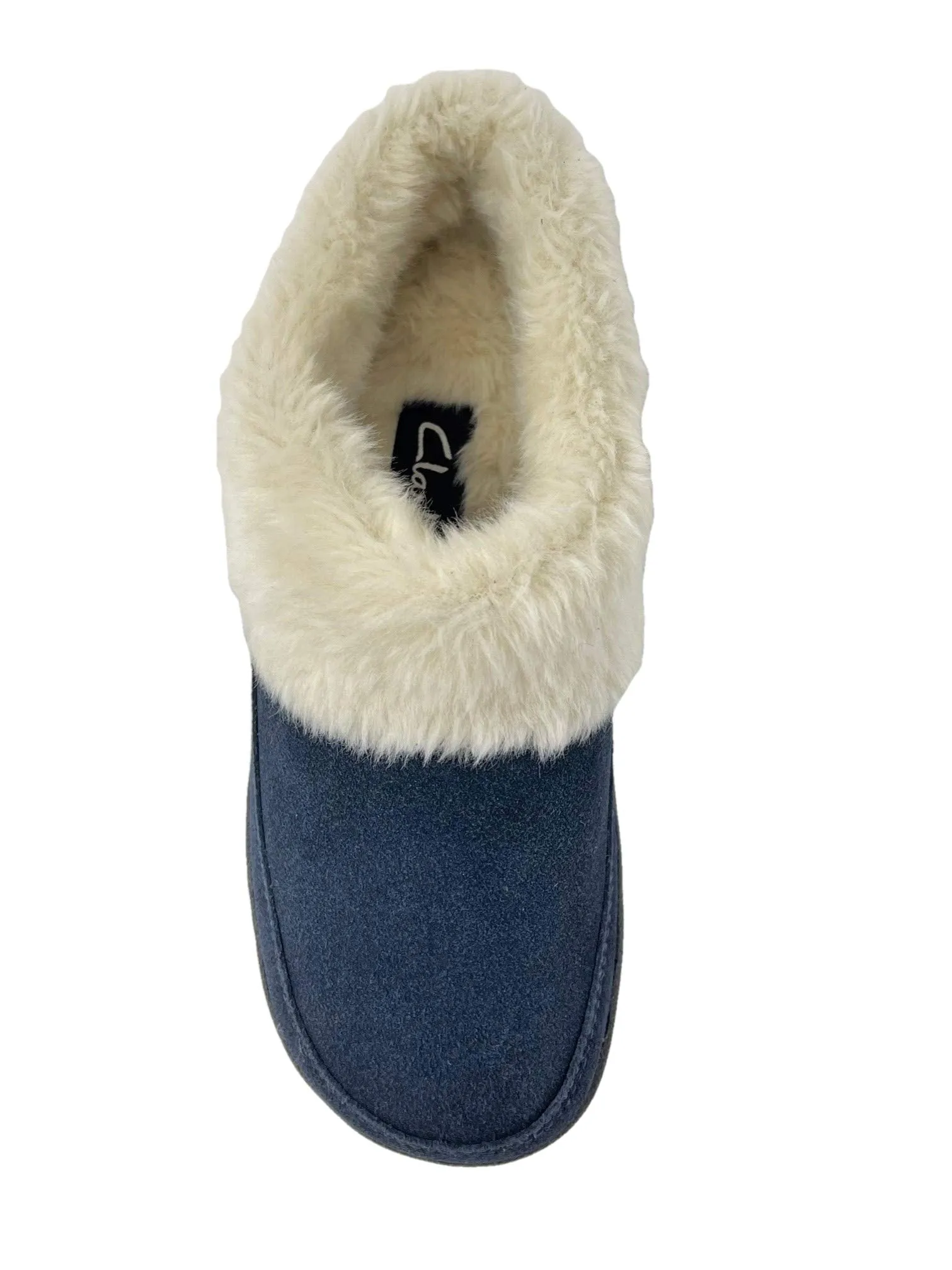Clarks Scuff Blue Navy Faux Fur Lined Clog Fashion Slip On Warm Cozy Plush Mules