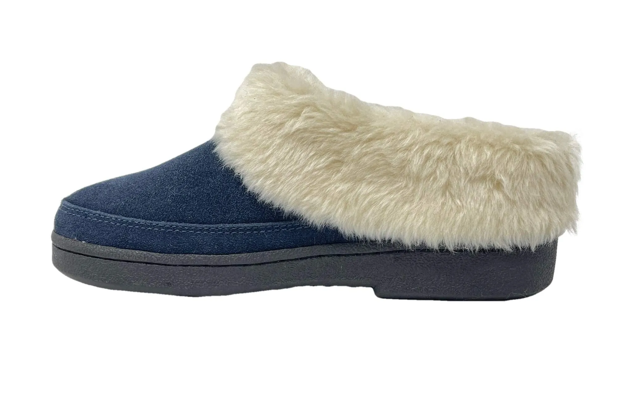 Clarks Scuff Blue Navy Faux Fur Lined Clog Fashion Slip On Warm Cozy Plush Mules