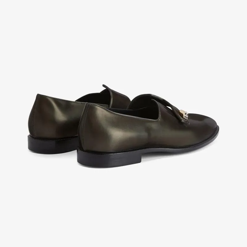 Dark Brown Leather Loafers with Crystal Embellishment