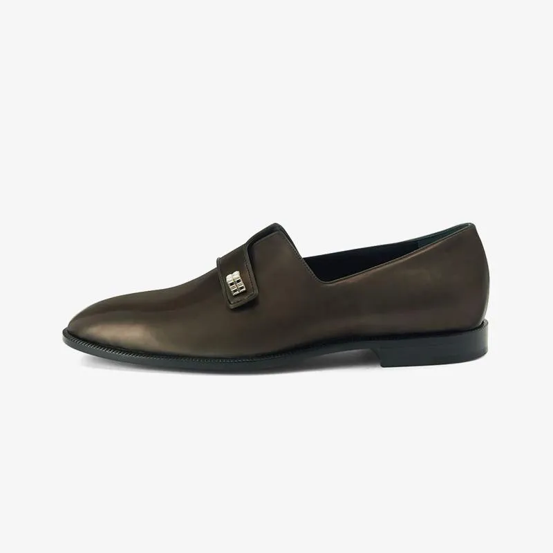 Dark Brown Leather Loafers with Crystal Embellishment