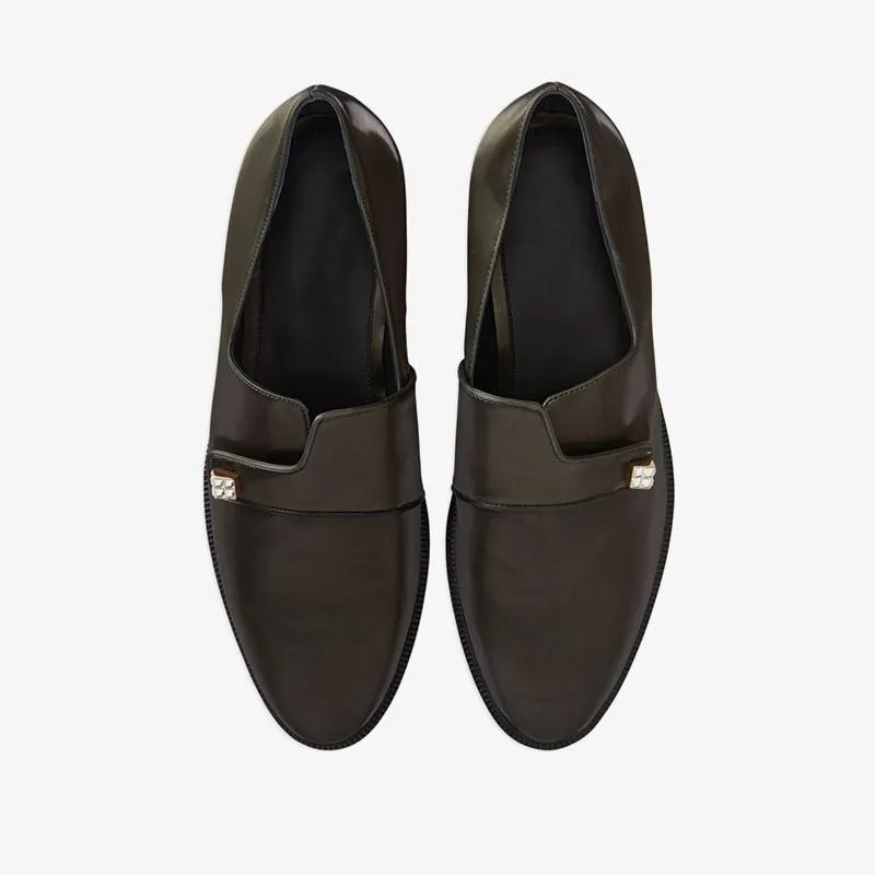 Dark Brown Leather Loafers with Crystal Embellishment