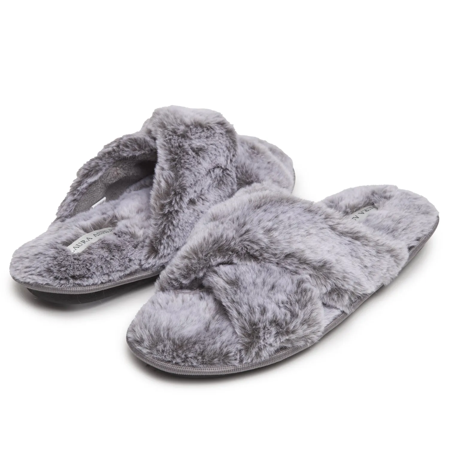 Laura Ashley Women's Faux Fur Plush Open Toe X-Band Slippers, Indoor Outdoor Slip On Criss Cross Slippers for Ladies