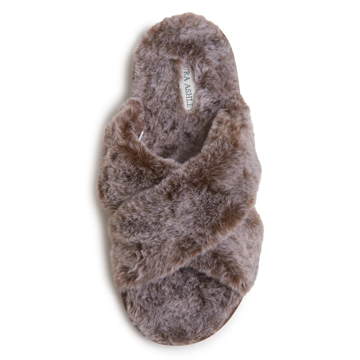 Laura Ashley Women's Faux Fur Plush Open Toe X-Band Slippers, Indoor Outdoor Slip On Criss Cross Slippers for Ladies