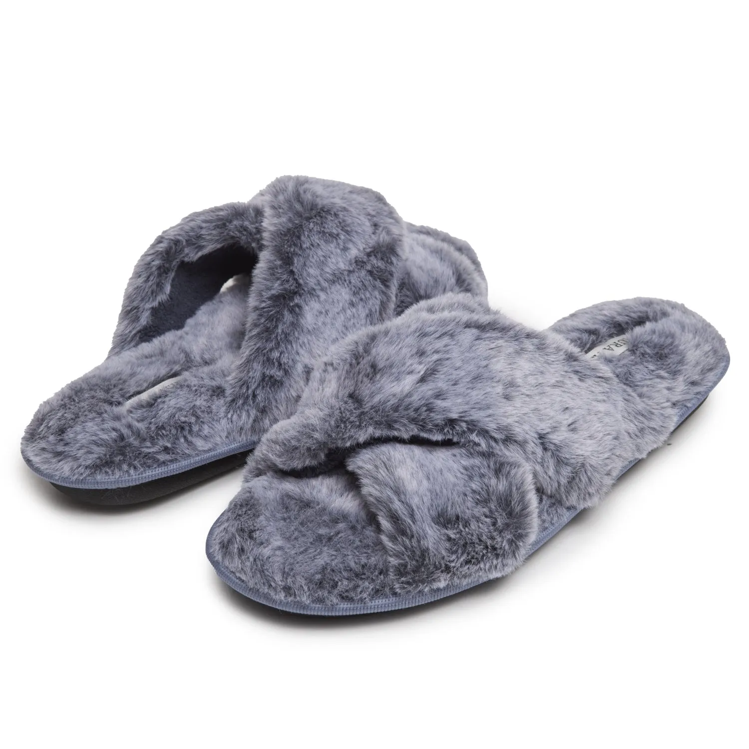 Laura Ashley Women's Faux Fur Plush Open Toe X-Band Slippers, Indoor Outdoor Slip On Criss Cross Slippers for Ladies