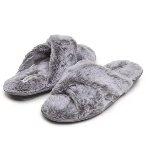 Laura Ashley Women's Faux Fur Plush Open Toe X-Band Slippers, Indoor Outdoor Slip On Criss Cross Slippers for Ladies