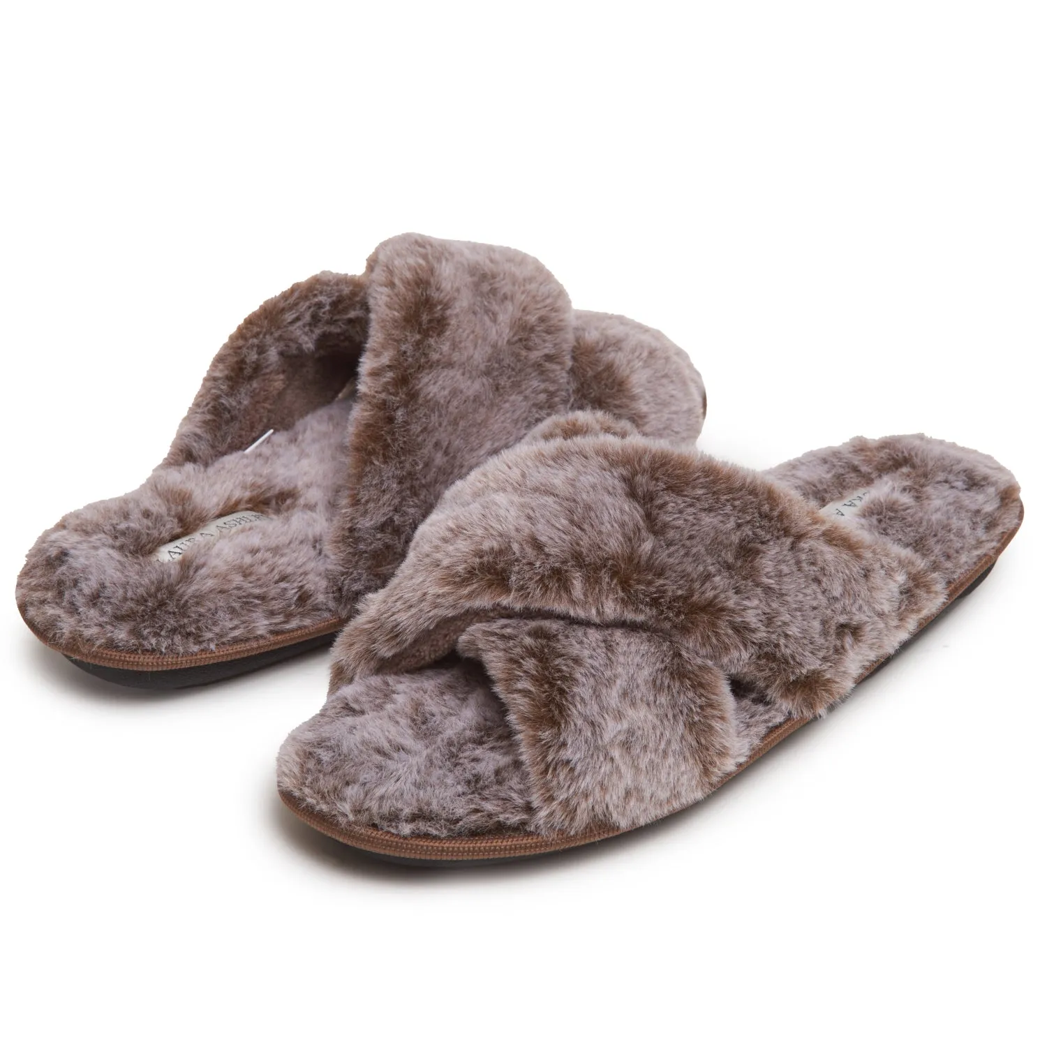 Laura Ashley Women's Faux Fur Plush Open Toe X-Band Slippers, Indoor Outdoor Slip On Criss Cross Slippers for Ladies