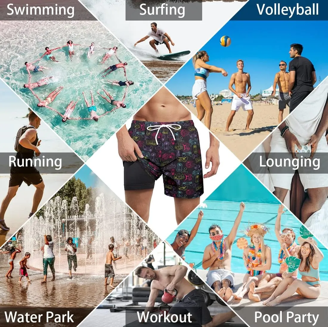 LUCOWEE Mens Swim Trunks with Compression Liner Anti Chafe Quick Dry UPF 50  Swimming Shorts 5" 7" Inseam Bathing Suit