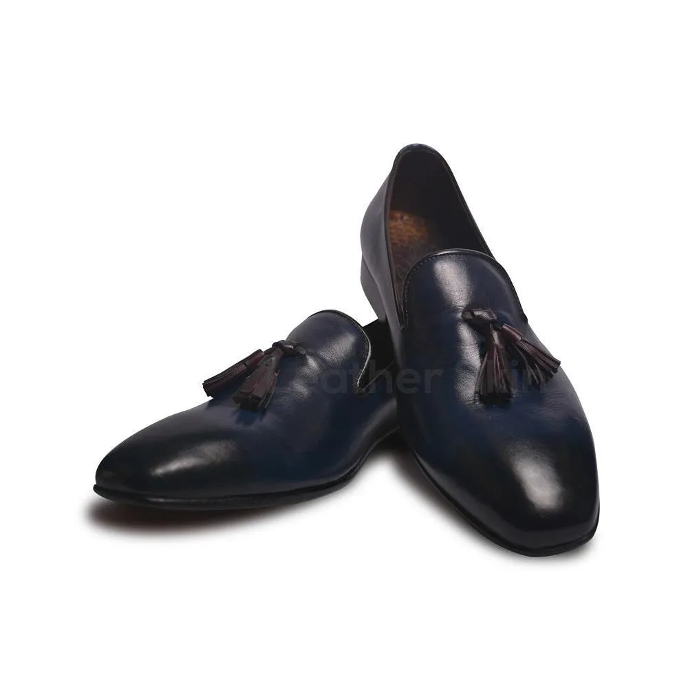 Men Distressed Blue Genuine Cow Leather Shoes with Tassels
