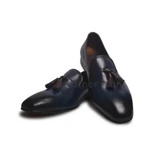 Men Distressed Blue Genuine Cow Leather Shoes with Tassels