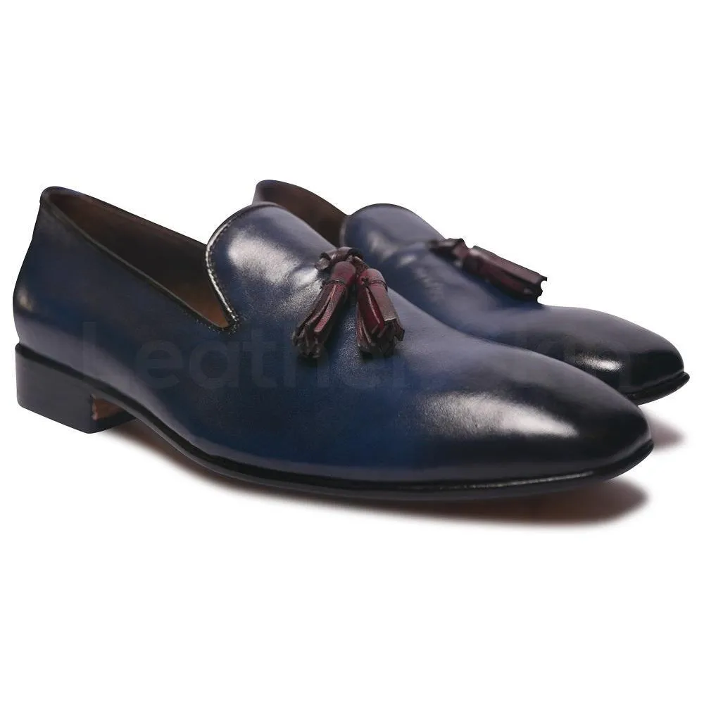 Men Distressed Blue Genuine Cow Leather Shoes with Tassels