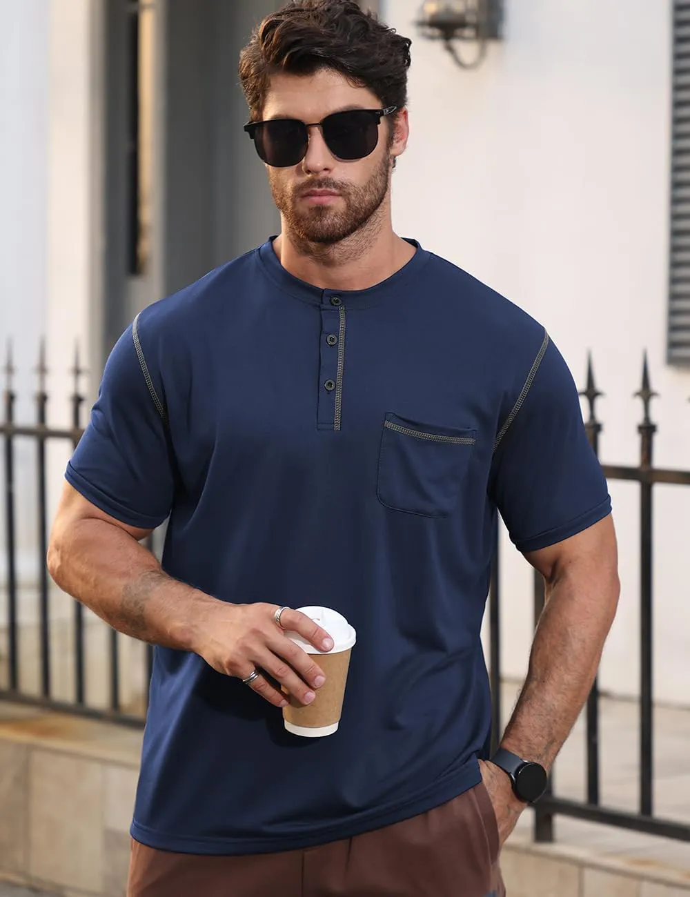 Men's Henley Shirt Short Sleeve T-Shirt Casual Top Pullover Summer Lightweight Tee Shirts with Button