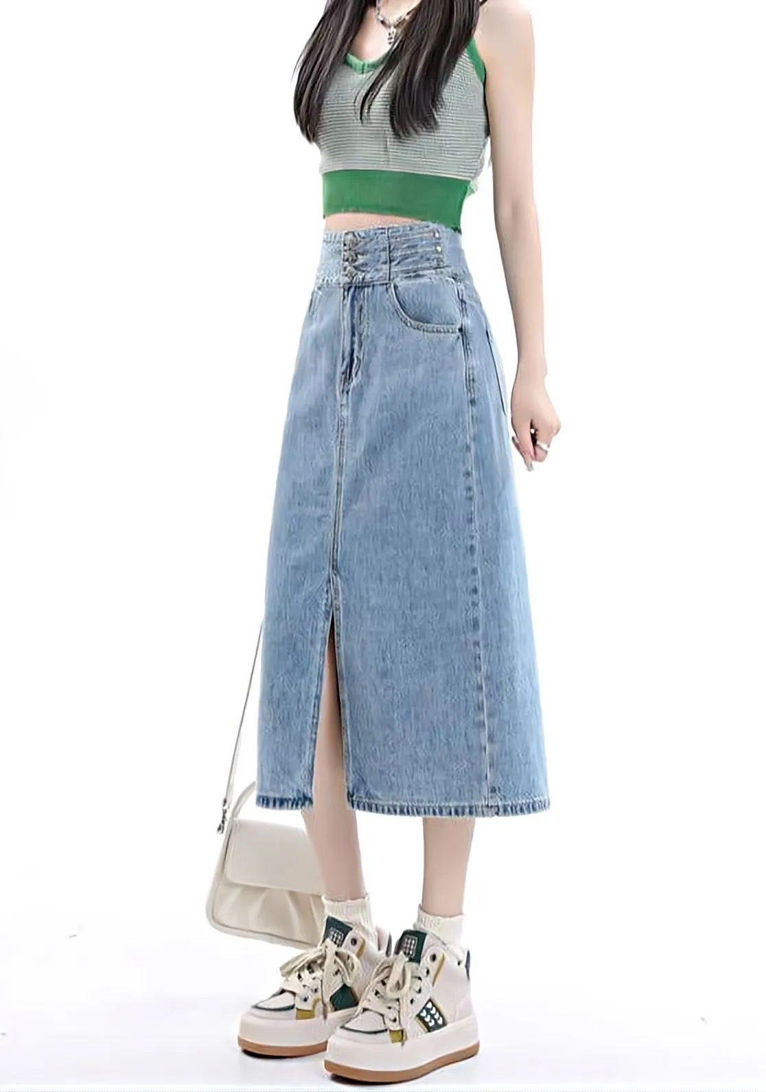 Multi Button Denim Midi Skirt