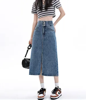 Multi Button Denim Midi Skirt