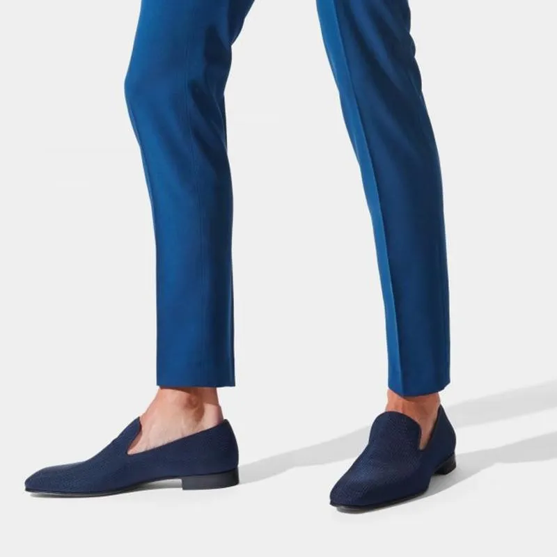Navy Loafers Men Fabric Leather Slip On