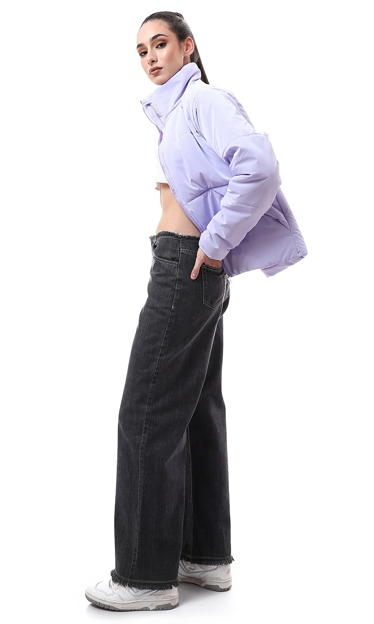 O174630 Fashionable Wide Jeans With 5 Pockets - Heather Black