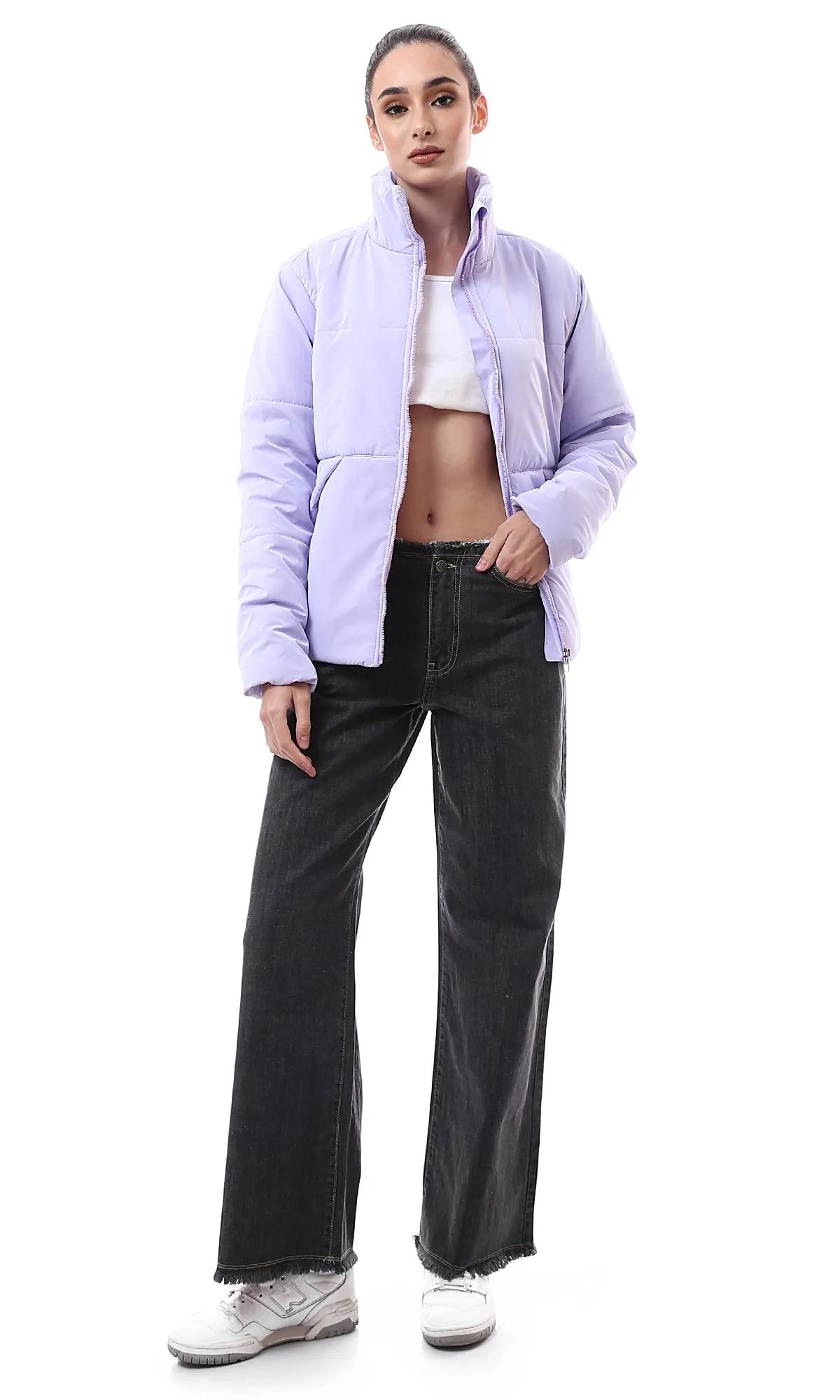 O174630 Fashionable Wide Jeans With 5 Pockets - Heather Black