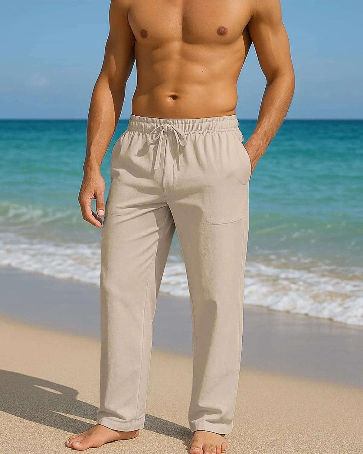 PIDOGYM Mens Cotton Linen Pants, Summer Beach Pants Casual Loose Fit with Elastic Waist Drawstring