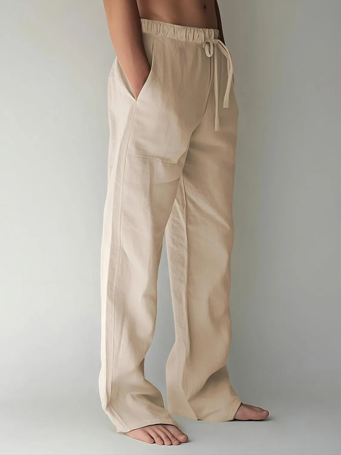 PIDOGYM Mens Cotton Linen Pants, Summer Beach Pants Casual Loose Fit with Elastic Waist Drawstring