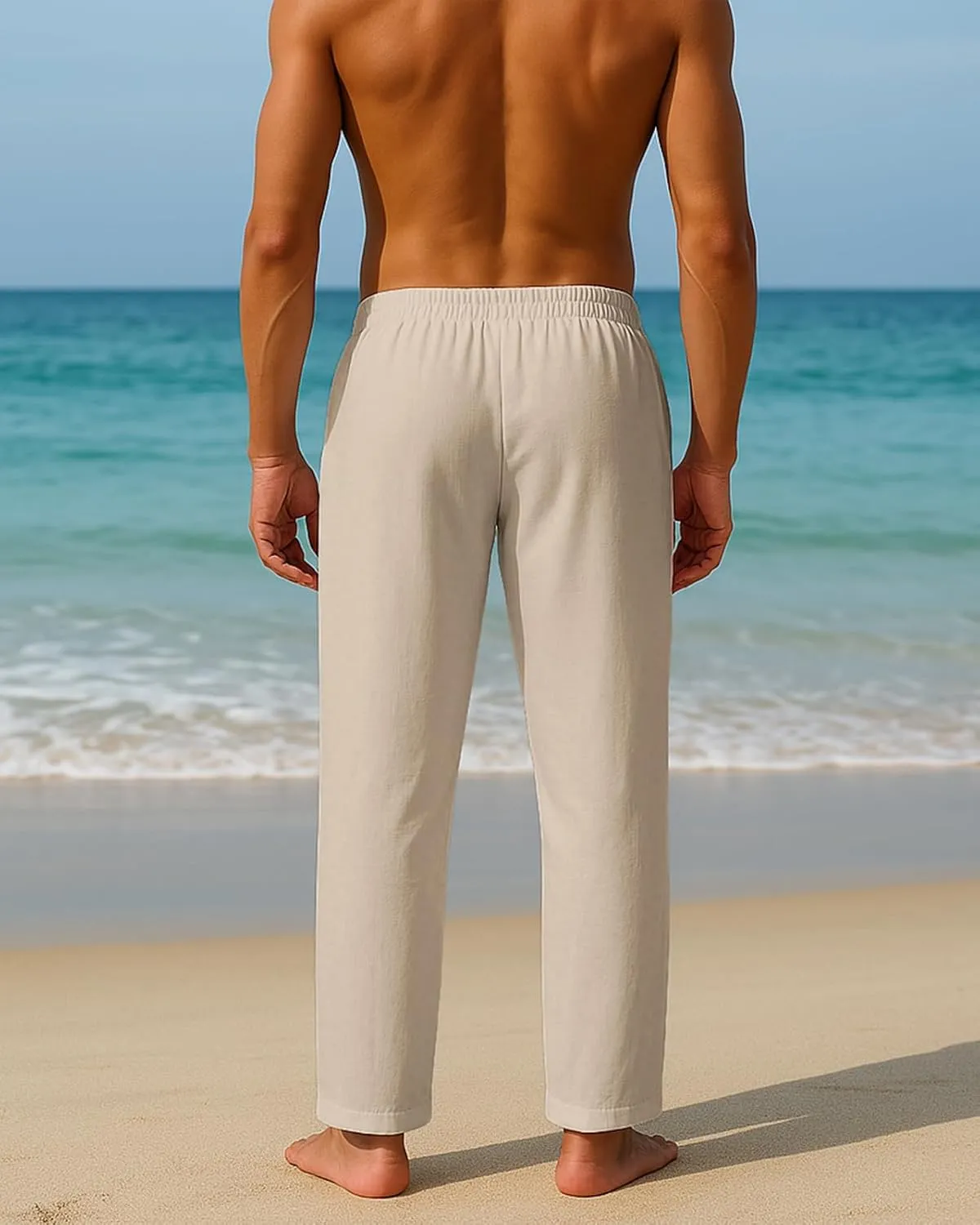 PIDOGYM Mens Cotton Linen Pants, Summer Beach Pants Casual Loose Fit with Elastic Waist Drawstring