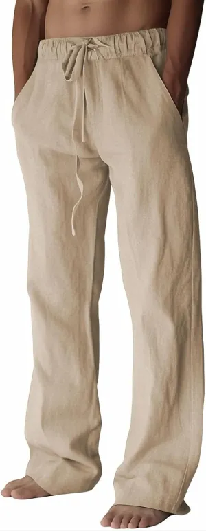 PIDOGYM Mens Cotton Linen Pants, Summer Beach Pants Casual Loose Fit with Elastic Waist Drawstring