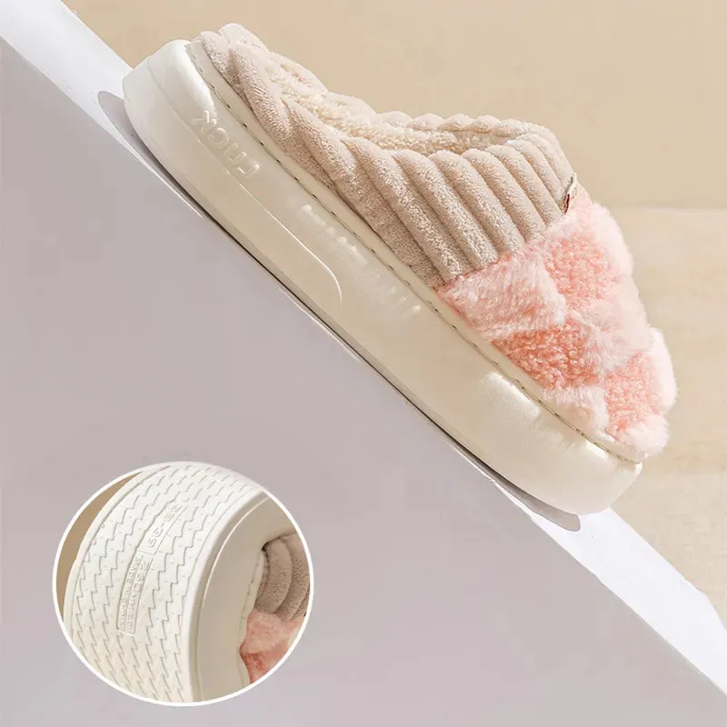 Plaid Plush Slippers Women's Indoor Plush Home Slippers Soft Sole Thick Non-Slip Warm House Shoes Couple Autumn And Winter