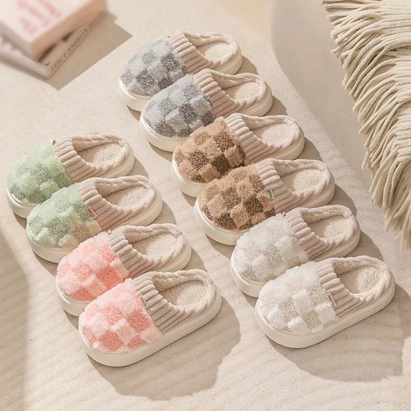 Plaid Plush Slippers Women's Indoor Plush Home Slippers Soft Sole Thick Non-Slip Warm House Shoes Couple Autumn And Winter