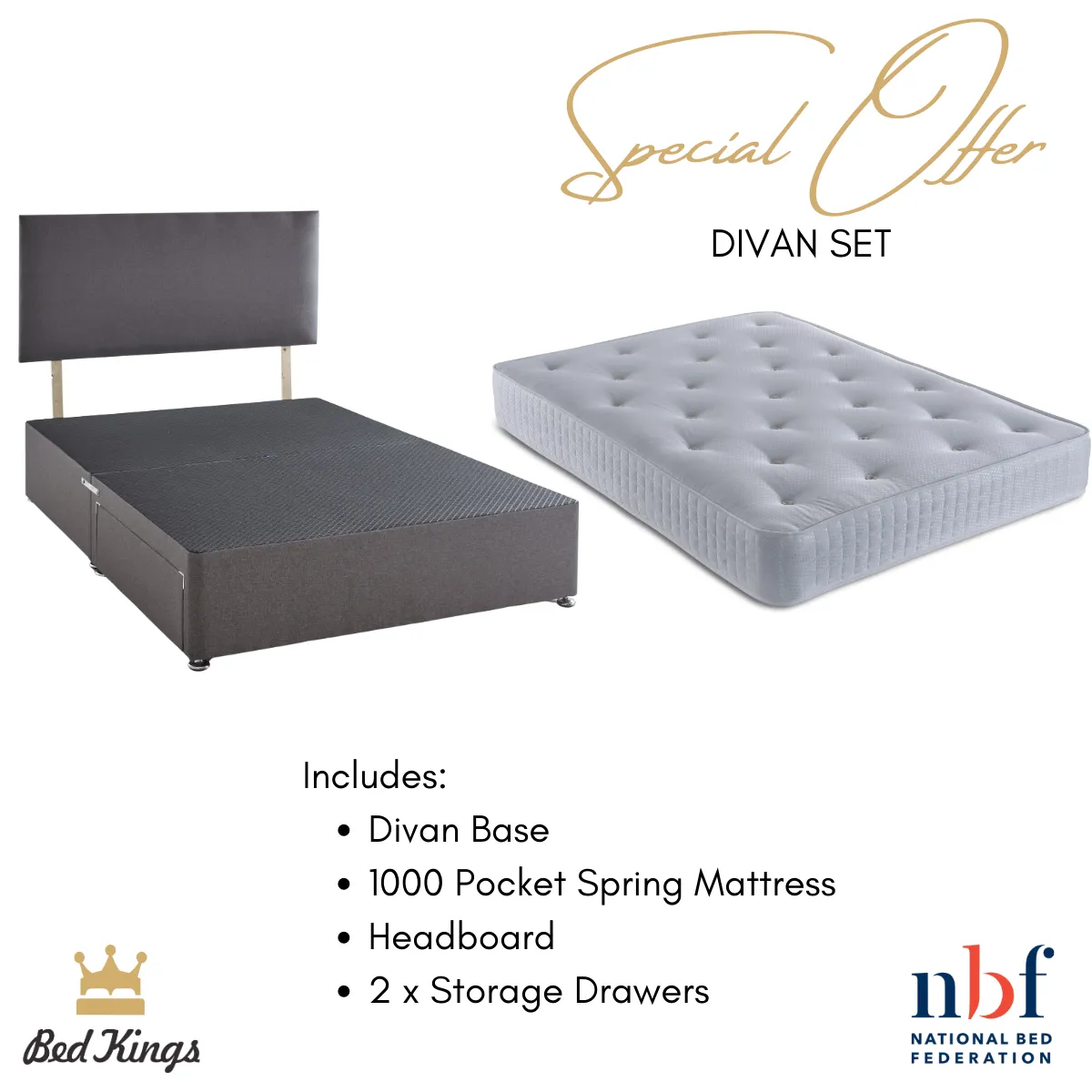 Pocket Spring Divan Bed Set - includes Mattress & Headboard & 2 Drawers