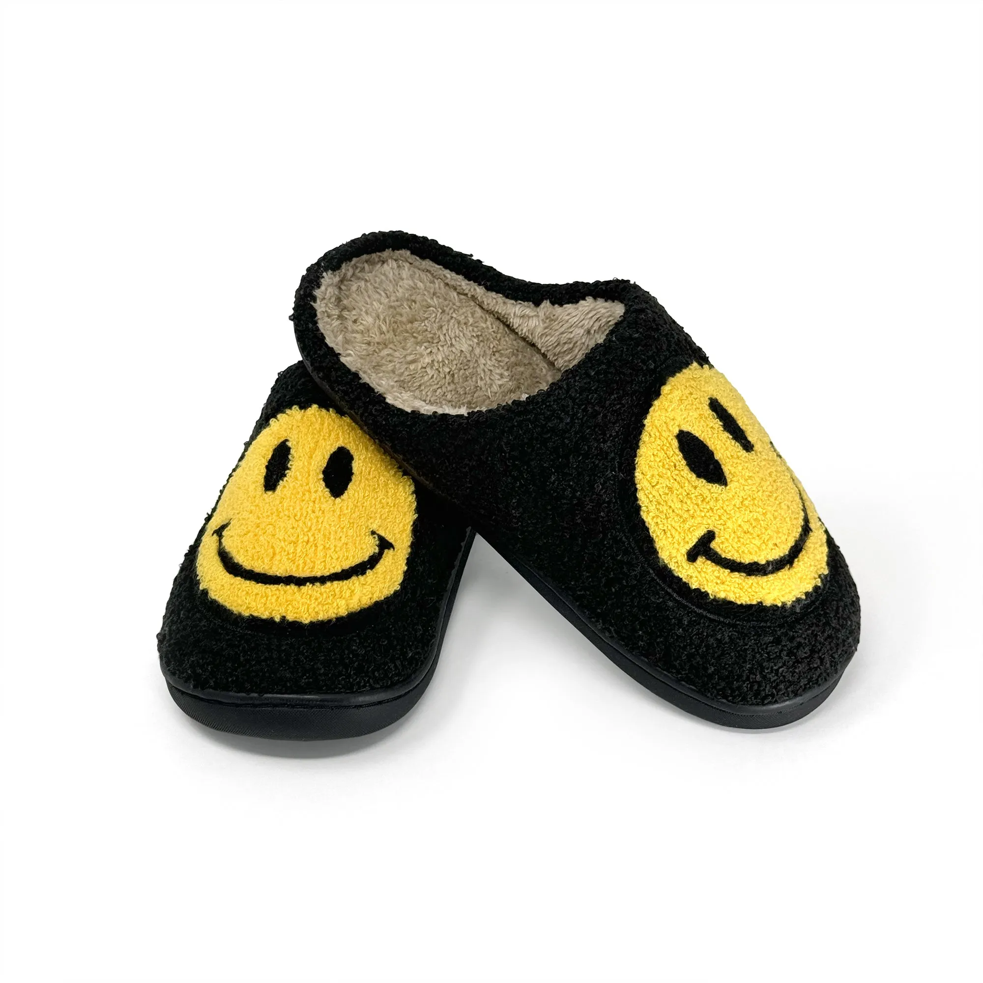 Smiley Face Slippers | Cozy & Fun Footwear for All Ages | Cute Smiley Slippers in Black, White, Yellow