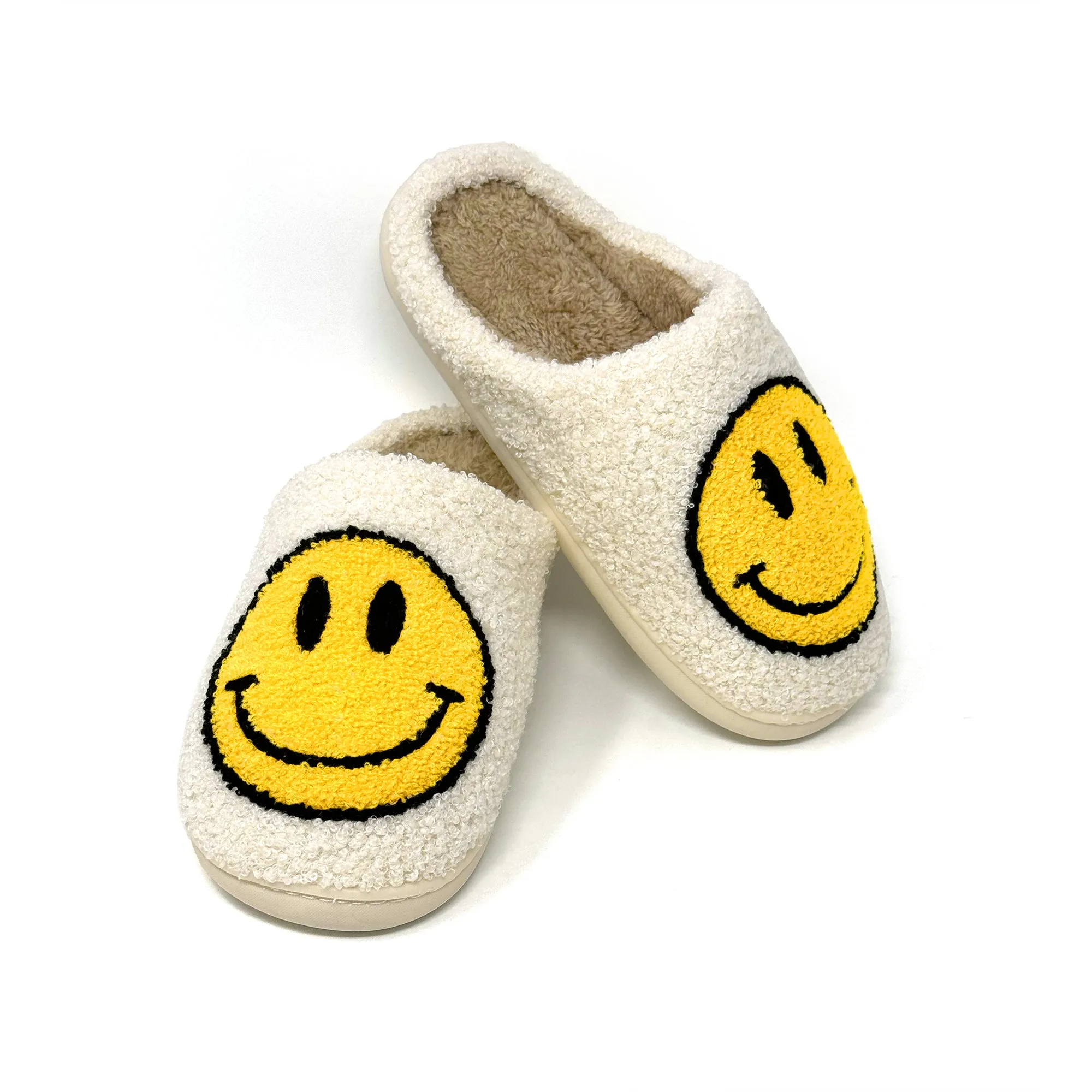 Smiley Face Slippers | Cozy & Fun Footwear for All Ages | Cute Smiley Slippers in Black, White, Yellow