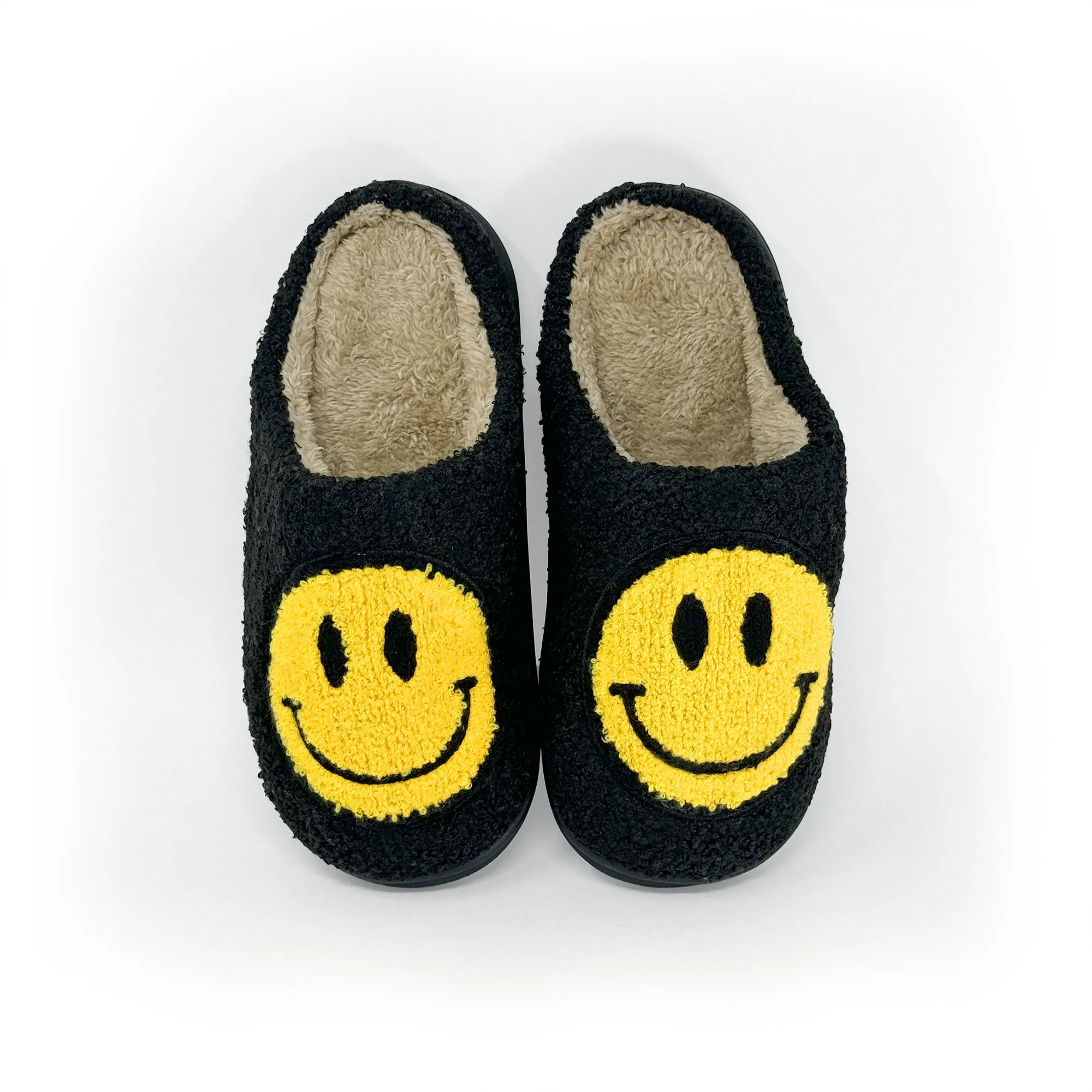 Smiley Face Slippers | Cozy & Fun Footwear for All Ages | Cute Smiley Slippers in Black, White, Yellow