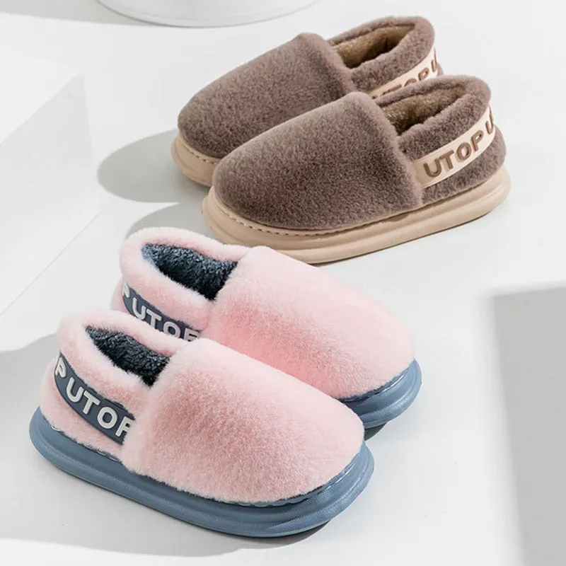 Winter Letter Cotton Shoes With Heel Garden Outdoor Indoor Floor Home Slippers Thick-soled Plush Slippers Women Men Couple
