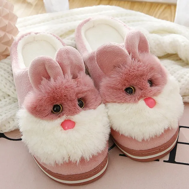 Women fur slippers Cute rabbit slippers Winter Keep warm Indoor shoes for girls Non slip Soft Funny slippers women Memory Foam